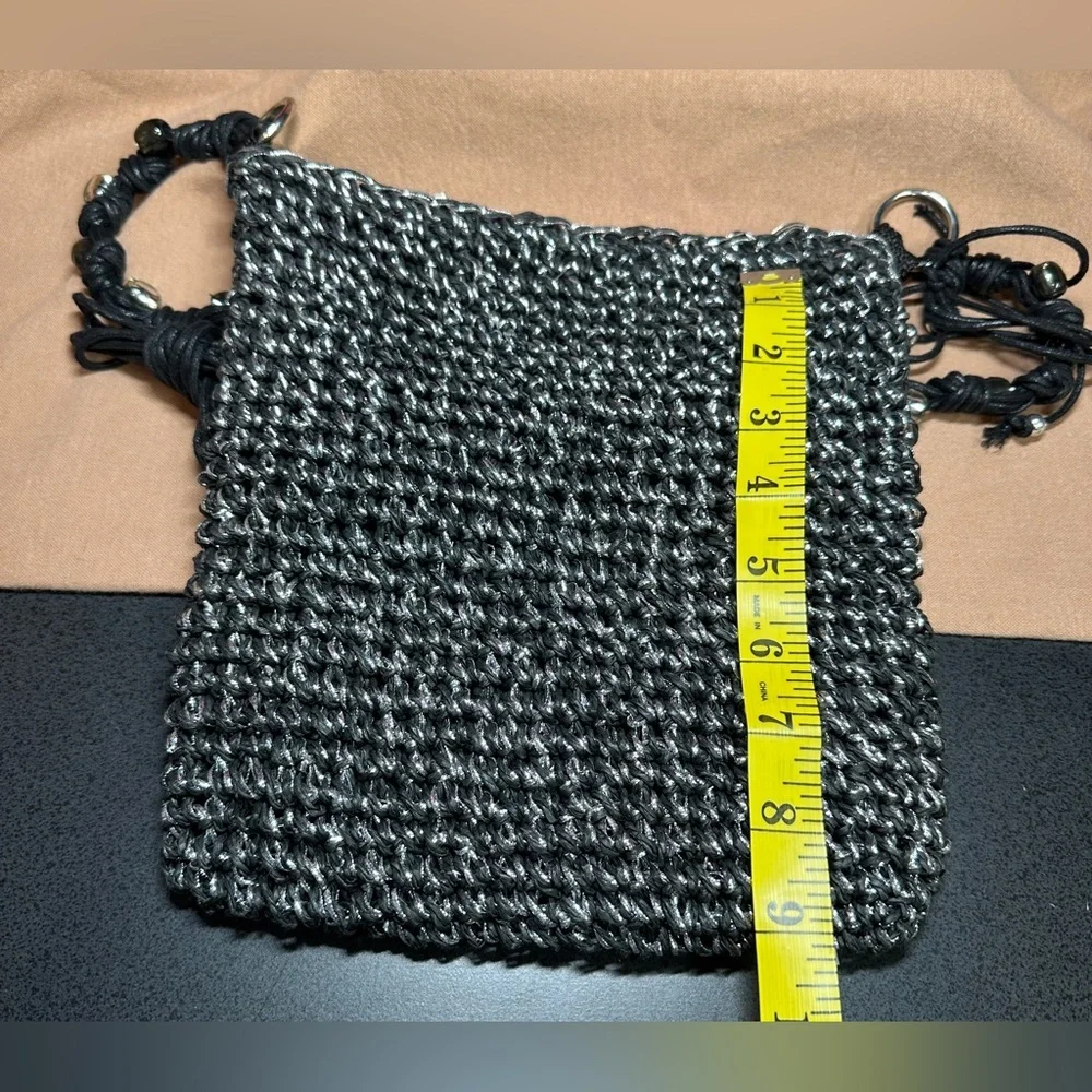 Sun’N’Sand Black Crochet/Woven Crossbody Bag with Metallic Silver Thread & Beads